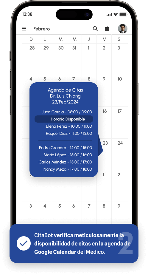 CitaBot verifica meticulosamente la disponibilidad de citas en la agenda de Google Calendar del Médico.